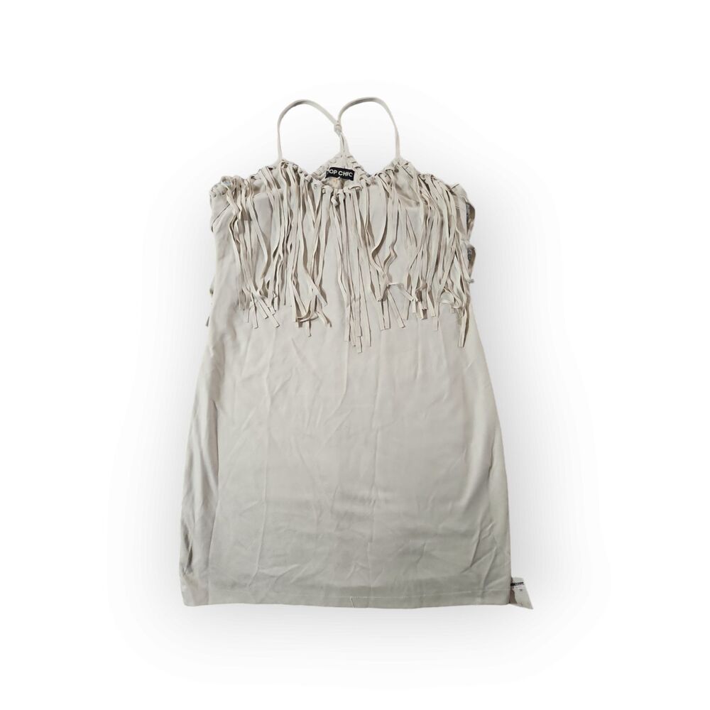 Top Chick Dress Medium Beige Suede Fringe Zipper Halter PencilDress Bodycon Soft